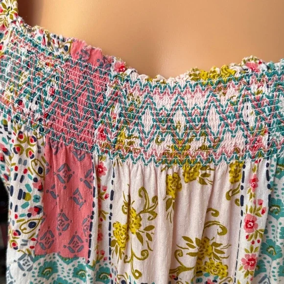 Democracy Patchwork Square-Neck Peasant Top in Pink, Green, Yellow, White - Picture 4 of 6